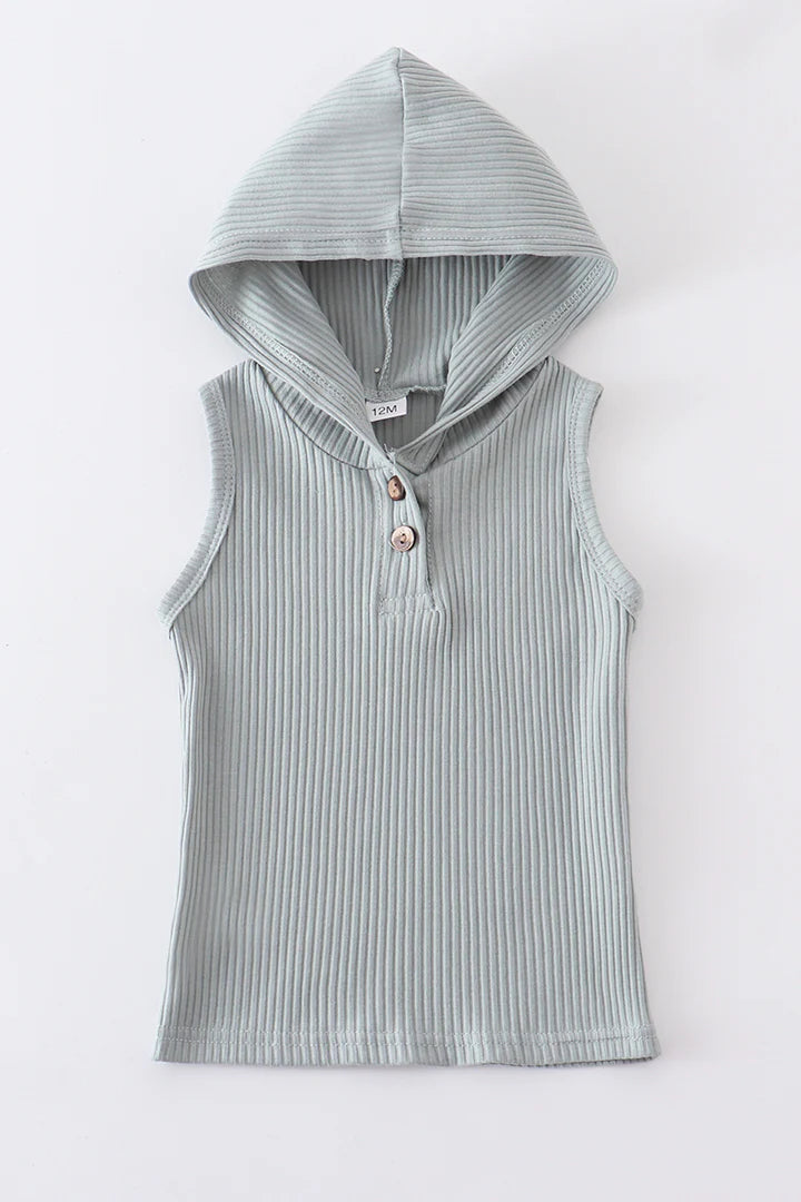 Green, Ribbed, Sleeveless Hoodie