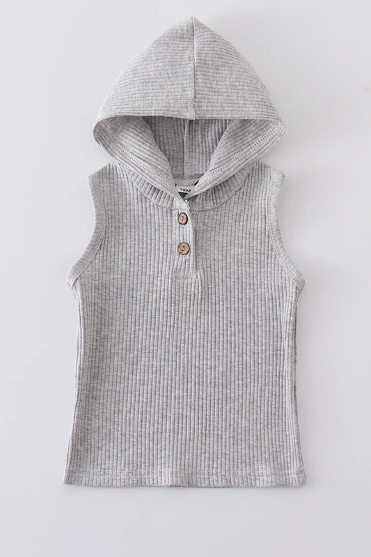 Grey, Ribbed, Sleeveless Hoodie