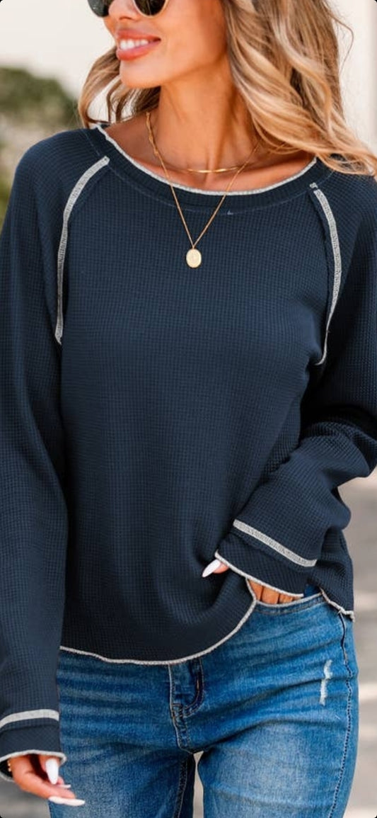 Navy, Round Neck LS Top